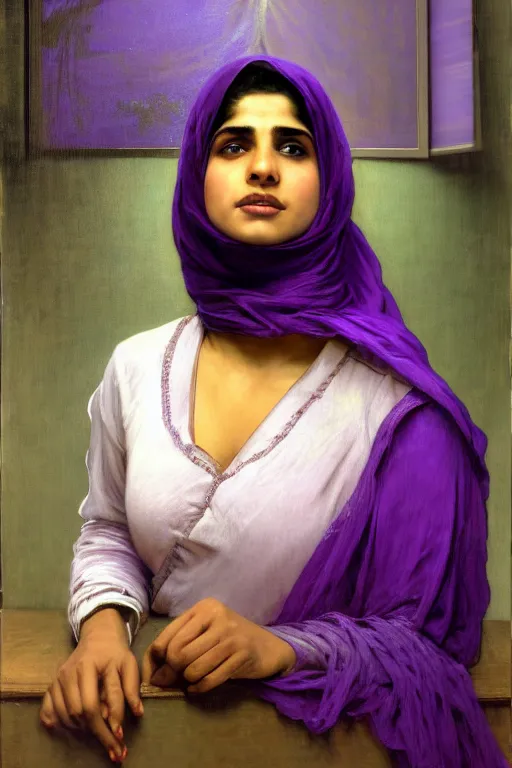 Prompt: hyperrealist portrait of a young hyderabadi muslim american woman wearing a purple niqab, it is decorated with long wires and computer monitors are all over their body within the cyberpunk office background. by jeremy mann and alphonse mucha, fantasy art, photo realistic, dynamic lighting, artstation, poster, volumetric lighting, very detailed faces, 8 k, award winning