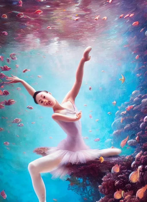 Prompt: stunningly beautiful, asian prima ballerina at the bottom of the great barrier reef, smooth, focus, highly detailed, hyper realistic, dramatic lighting, intricate, concept art, art by wlop, mars ravelo, greg rutowski