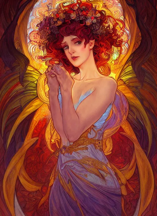 Image similar to Fire Goddess, ambient lighting, 4k, josephine wall, alphonse mucha, lois van baarle, ilya kuvshinov, rossdraws, artstation