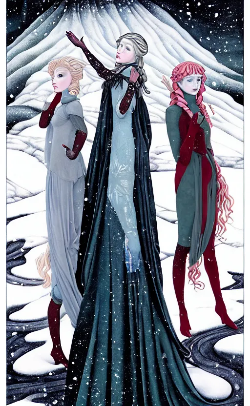 Image similar to allegory of Winter, as 3 figures, (Representing the 3 months of December, January, and February), in a mixed style of Botticelli and Æon Flux, inspired by pre-raphaelite paintings, shoujo manga, and Harajuku street fashion, sparse frozen landscape, dark and moody colors, hyper detailed, stunning inking lines, dramatic lighting, 4K photorealistic