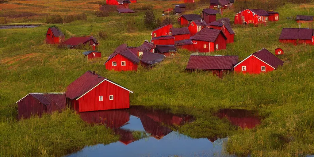 Image similar to a dramatic lighting view of dalarna, sweden, red and brown wooden cottages seen on a field, in the style of anders zorn