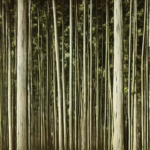 Prompt: long exposure photograph of eucalyptus trees, strong wind, mamiya, photographed by gursky