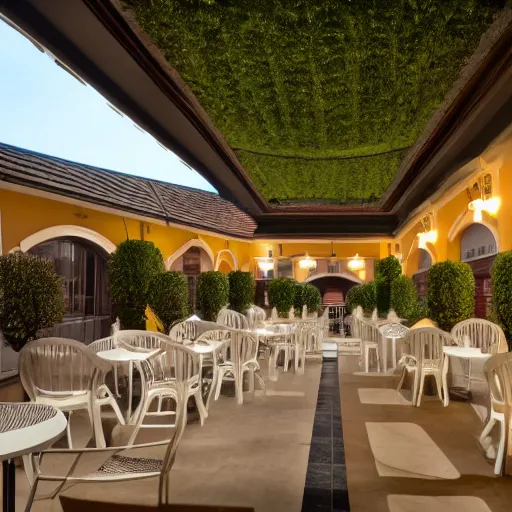 Prompt: hotel courtyard but it has a ceiling