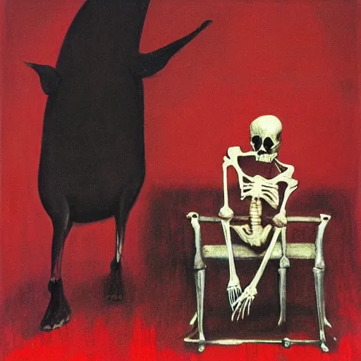 Prompt: dark figure hanging on wall and another dark figure laughing while walking a skeletal dog in the style of Francisco Goya and Francis Bacon, vibrant red background, mythological painting, oil painting, triadic color scheme, very coherent, Figure laughing seated on a throne made out of a whale skeleton inside interior room, Beksinski painting, masterpiece, artstation