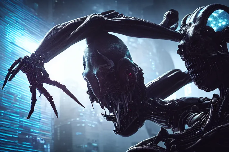 Image similar to cyberpunk alien concept inspired hell, futuristic look, highly detailed body, very powerful, photorealistic camera shot, bright studio setting, studio lighting, crisp quality and light reflections, unreal engine 5 quality render