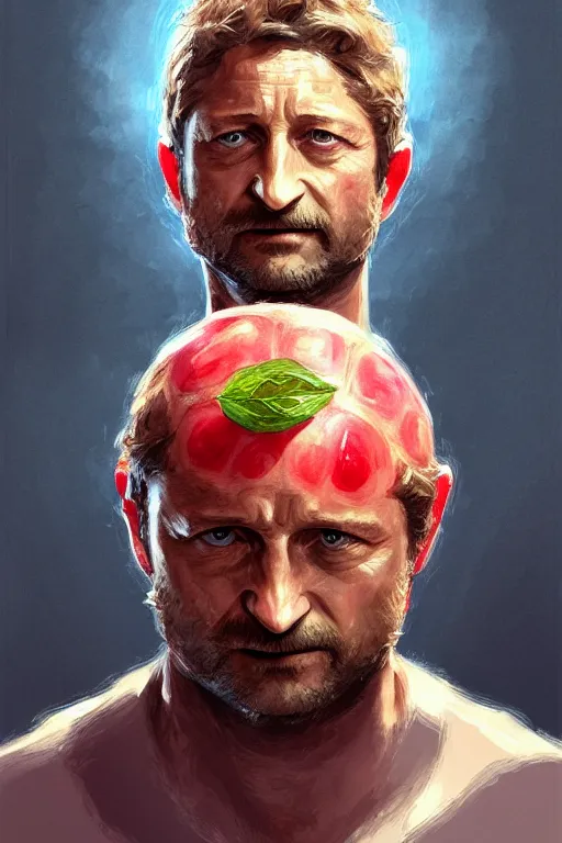 Image similar to portrait a watermellon with gerard butler as head, greek, intricate, headshot, key visual, conceptart, ambient lighting, highly detailed, digital painting, artstation, concept art, sharp focus, by makoto shinkai and akihiko yoshida and greg manchess