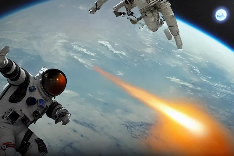 Image similar to astronaut aims a gun at a second astronaut, with earth in the background, unreal engine 5, dark space