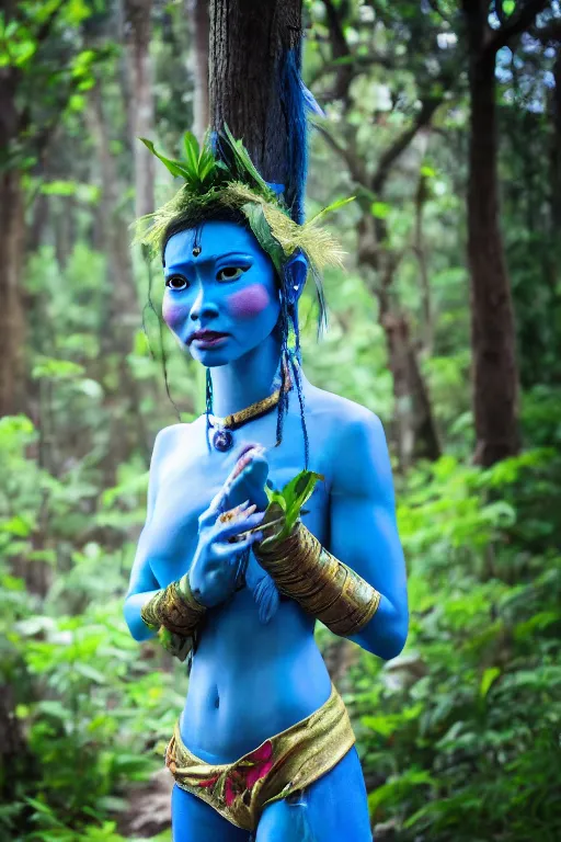 Prompt: a Vietnamese woman dressed as a blue-skinned female navi from avatar standing in a forest, blue body paint, high resolution film still, 8k, HDR colors, cosplay, outdoor lighting, high resolution photograph, photo by bruce weber, beautiful symmetric face