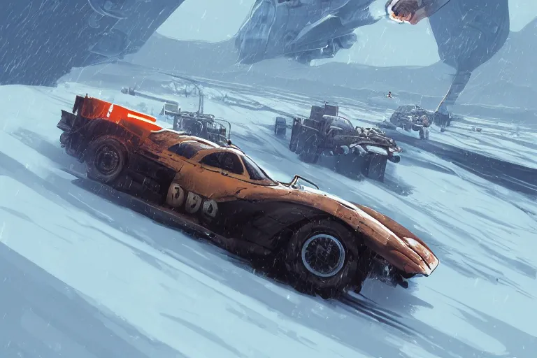 Image similar to dieselpunk digital illustration of mad max mclaren f 1 speeding across a frozen lake in a blizzard by makoto shinkai, ilya kuvshinov, lois van baarle, rossdraws, basquiat