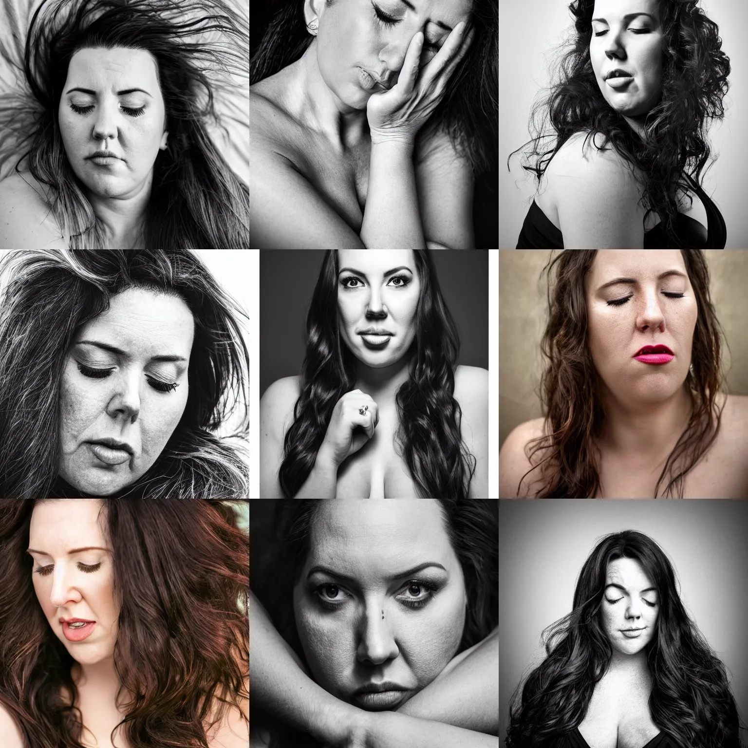 Prompt: full-face portrait of Angela White gently hugging with waist-length incredible hair by Richard Avendon and Lee Jeffries, eyes closed, aquiline nose, XF IQ4, 150MP, 50mm, F1.4, ISO 200, 1/160s, natural light, Adobe Lightroom, photolab, Affinity Photo, PhotoDirector 365