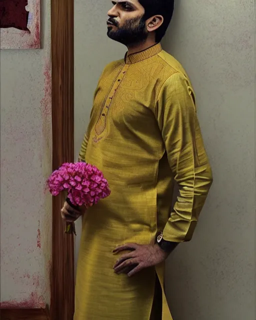 Image similar to a guy in a kurta waiting for his love to come, holding flowers, art by salman toor. faithfully depicted facial expression, perfect anatomy, sharp focus, global illumination, radiant light, detailed and intricate environment, trending on artstation