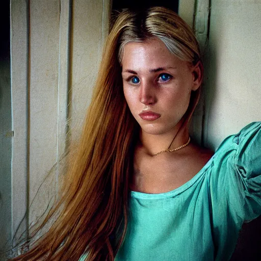Image similar to photograph by steve mccurry of blonde female in her twenties wearing designer top
