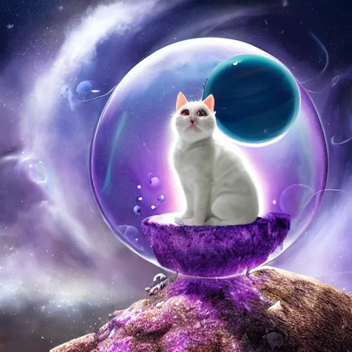 Image similar to concept art, digital art, matte painting, award winning on Artstation. A white cat sitting in a purple garden on an Exoplanet where the sky is full bubbles