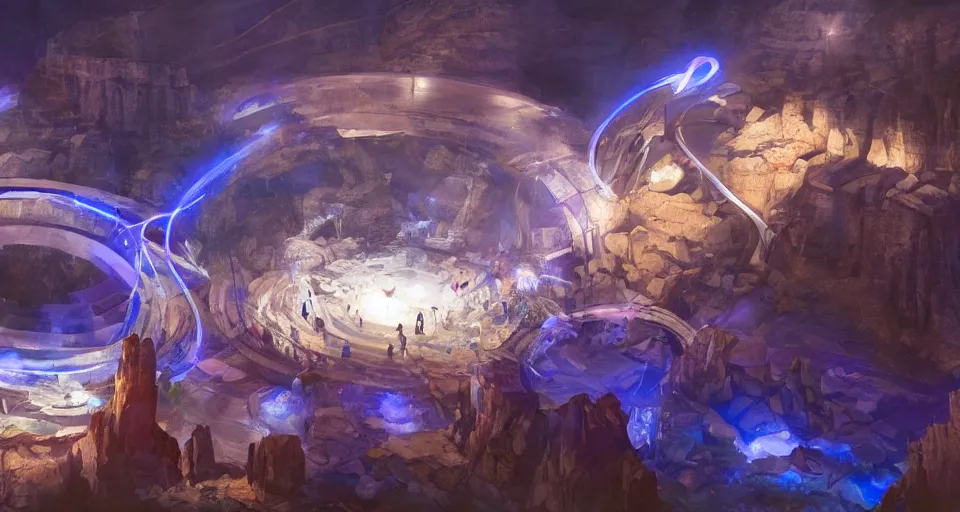 Image similar to night, a lot of people and a spiral - shaped white luminous attractor is floating in grand canyon, concept art, art for the game, professional lighting, art