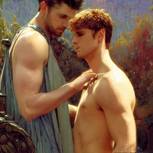 Image similar to attractive male arthur pendragon confesses his love to attractive male merlin. highly detailed painting by gaston bussiere, craig mullins, j. c. leyendecker 8 k