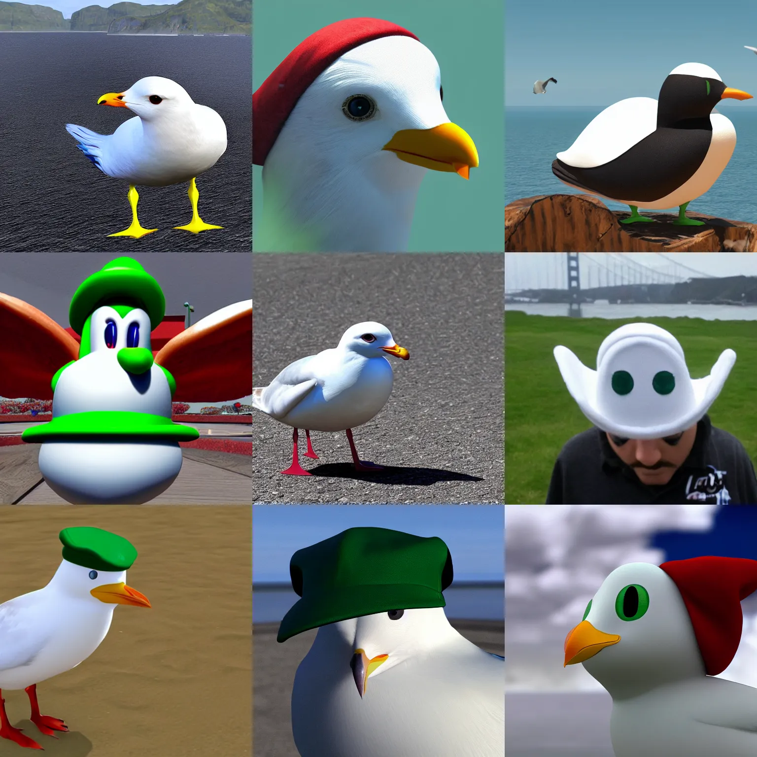 Prompt: Seagull wearing luigis hat, unreal engine