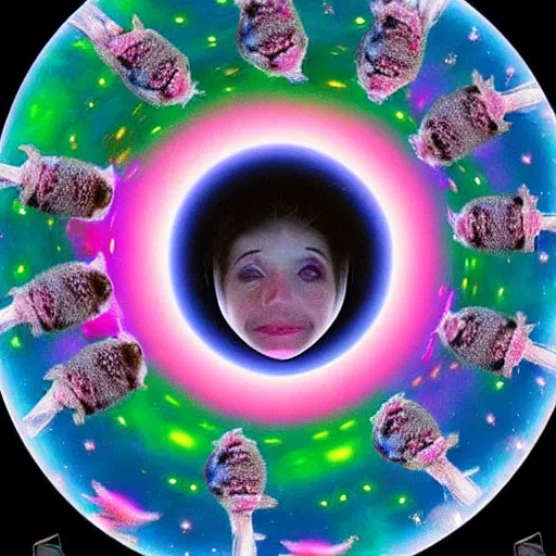 Image similar to thousands of chinchillas floating in space, woman's face floating in the center of the universe