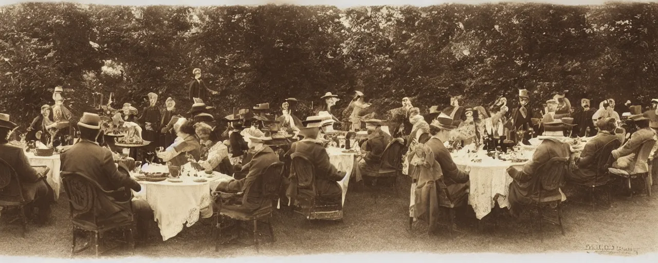 Prompt: A Victorian sepia photo of a tea party attended by Daleks.