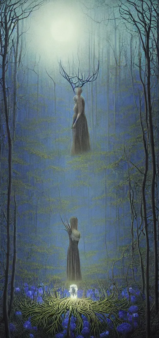 Image similar to painterly dreamy Kupala Night in the blue forest with trees which have eyes, giant flowers, glowing owls, deers, women, lianas, thistles, giant fantasy creatures, a stream and sky with moon and stars by Beksinski, Alex Grey, Aron Wiesenfeld and Giger dark fantasy, witcher, very detailed oil painting in the alla prima style, masterpiece, 8k