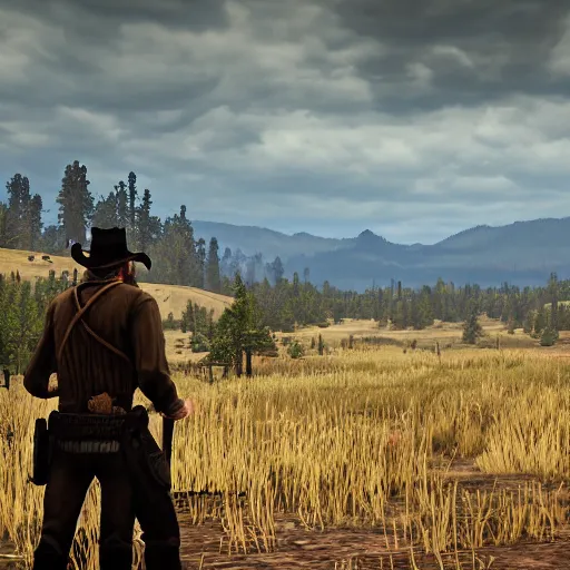 Prompt: a red dead redemption landscape of the wilderness of montana