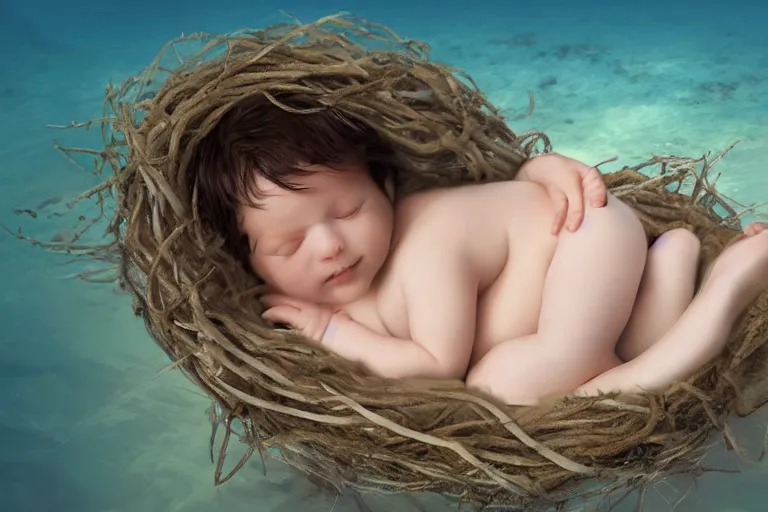 Image similar to a baby mermaid laying in a nest under the ocean, photography, concept art, digital art, trending on artstation, 4 k, extremely detailed, realistic, photorealistic, anne geddes