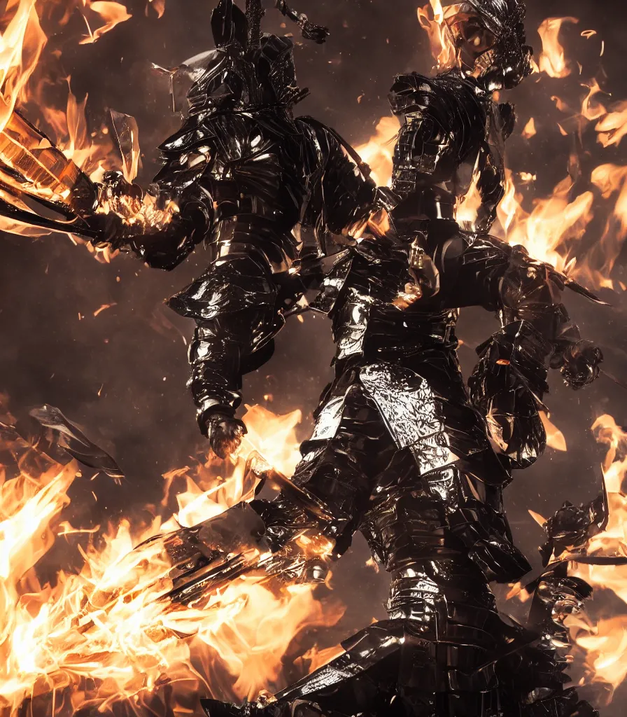 Image similar to futuristic armored samurai holding a fire katana by Rick owens, 8k, epic, particles, bokeh