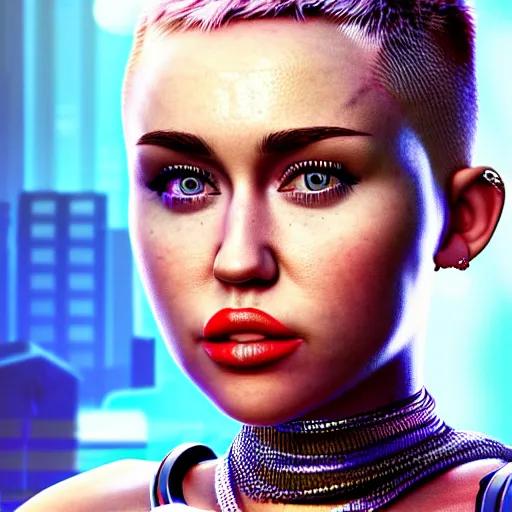 Image similar to miley cyrus portrait, Cyberpunk 2077, photorealistic, ultra detailed, cybernetic head, neon, octane, bokeh, cyber, cyber style, feature, scars, cyberface, 8k