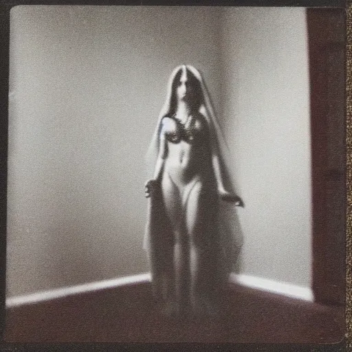 Prompt: paranormal polaroid of the goddess babalon in the living room, low key lighting, creepy atmosphere