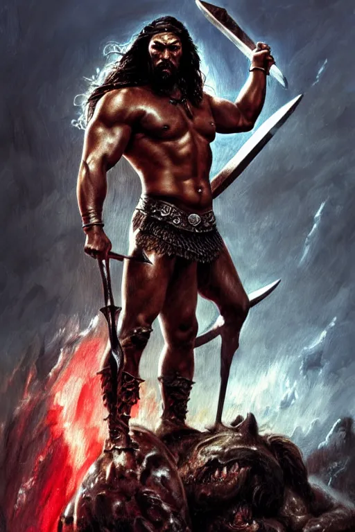Prompt: beautiful portrait oil painting, jason momoa conan the barbarian thor standing on huge pile of skulls in dystopian battlefield of zombies, wearing royal crimson fantasy ornate spartan dragon scale armor, wet skin and hair, muscular!!!, battle action pose, frank frazetta, boris vallejo, greg rutkowski, beautiful cinematic light, low angle, frank miller, ridley scott, high contrast