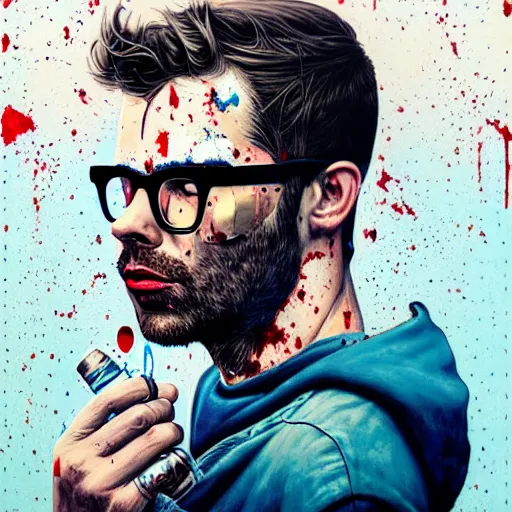 Prompt: a portrait of a man :: side profile :: oxygen mask :: blood and ocean intricate details :: glasses :: 8k :: by vikings and Sandra Chevrier