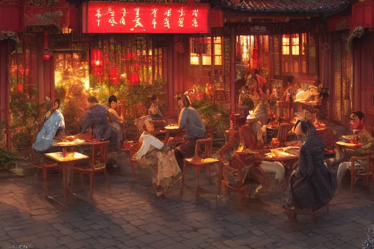 Image similar to fantasy art of a bustling tea house in china, at night, by ralph horsley, highly detailed digital art, trending on artstation