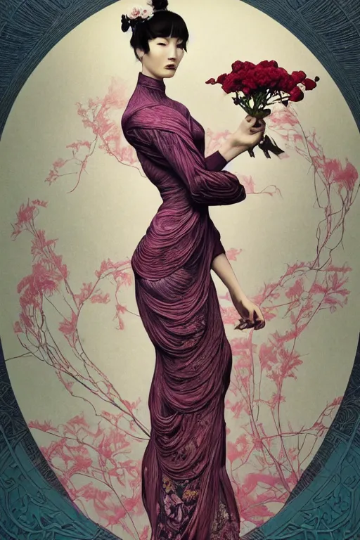 Prompt: full length portrait of a beautiful mysterious chinese humanoid holding bouquet of flowers by eve ventrue, michael carson, andreas rochas, john watkiss, casey weldon, artgerm. art nouveau. tarot card by mucha. gloomhaven. swirly intricate linework background. gaudy colors, sharp edges. octane render