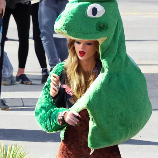 Prompt: taylor swift wearing a dinosaur costume real paparazzi picture