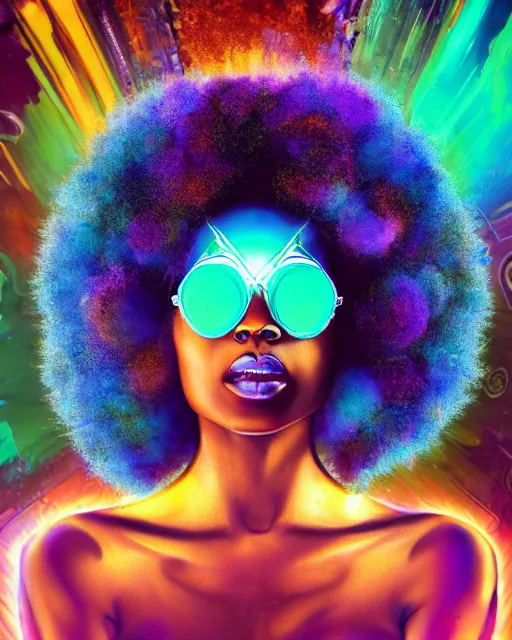 Image similar to a powerful energy psychedelic matrix afro american woman, by alexander fedosav, hyper detailed digital matte painting, concept art, hyperrealism, 1 6 k resolution, cinema 4 d, 8 k resolution, trending on artstation, behance hd, a masterpiece, by stephan martiniere, particles, cel - shaded, power bright neon energy, by david a. hardy