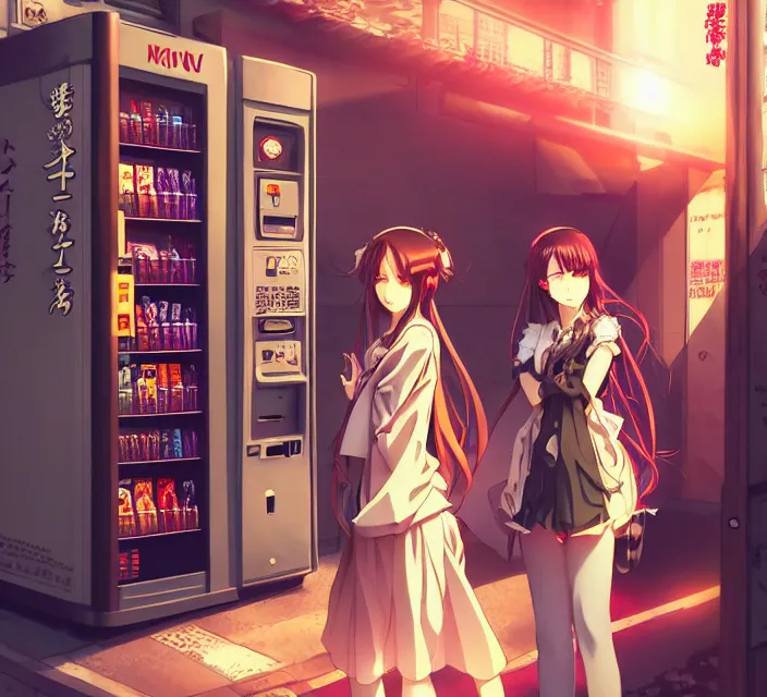 Image similar to Two beautiful anime women, standing in front of a vending machine outside of a Japanese convenience store, in a narrow Tokyo alleyway, gorgeous sunlight and shadows, D&D, fantasy, highly detailed, digital painting, artstation, concept art, sharp focus, illustration, in style of GUWEIZ and WLOP and NIXEU and Craig Mullins