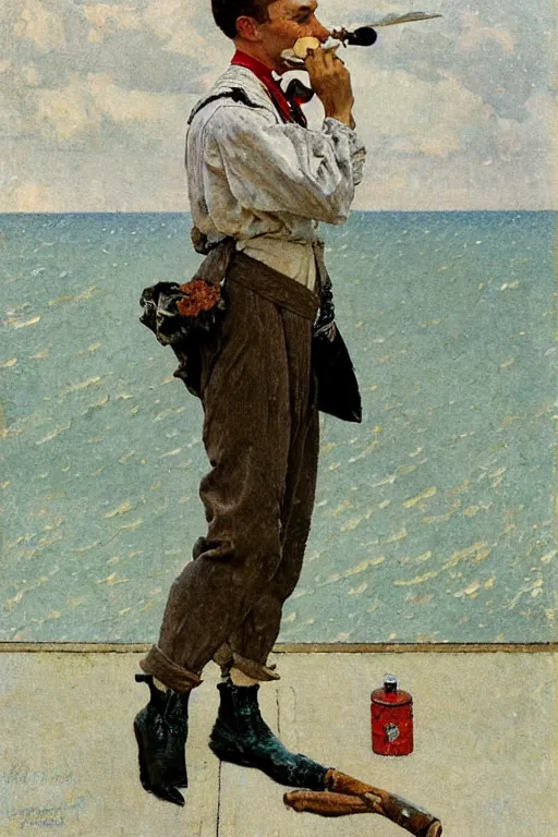 Image similar to body portrait of a french sailor smoking a pipe at sea, colour painting by norman rockwell, guidi prime background by carl spitzweg