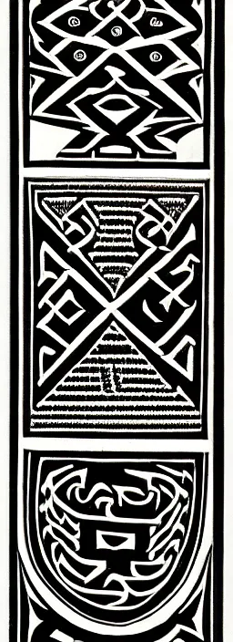 Image similar to ornate sumerian art, black and white, very ancient design, intricate organization, detailed cuneiform