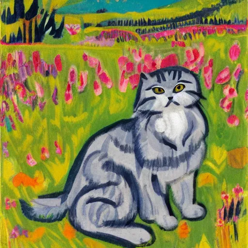 Prompt: a gray scottish fold sitting in the middle of sunny meadow, by ernst ludwig kirchner