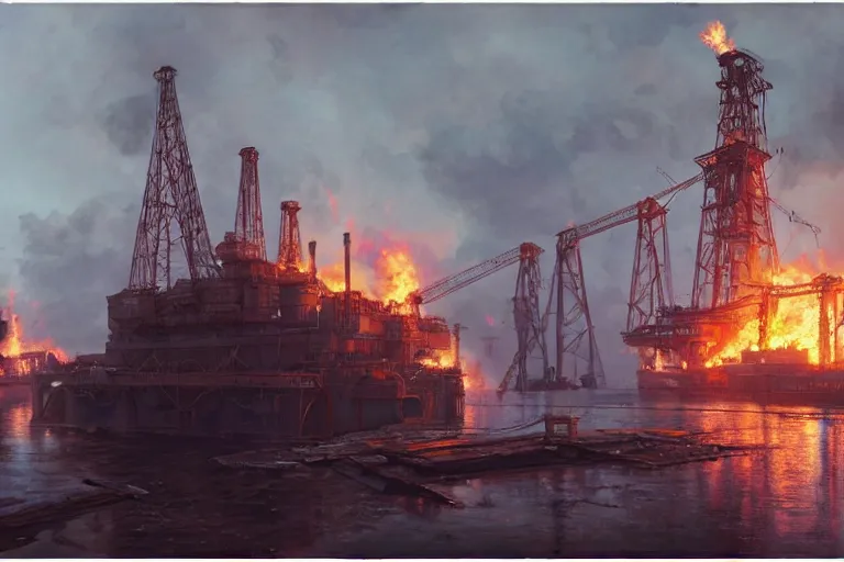 Image similar to a highly detailed matte painting of a soviet steampunk oil rig on fire at night by studio ghibli, makoto shinkai, by artgerm, by wlop, by greg rutkowski, volumetric lighting, octane render, 4 k resolution, trending on artstation, masterpiece