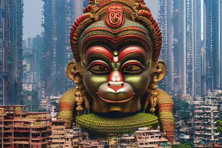 Image similar to high quality 3 d cyberpunk biomorphic hanuman head building in the middle of mumbai!!, kalighat highly detailed, cinematic smooth, stephen shore & john j. park, soft morning light, wide shot, high angle, uhd 8 k, deep focus