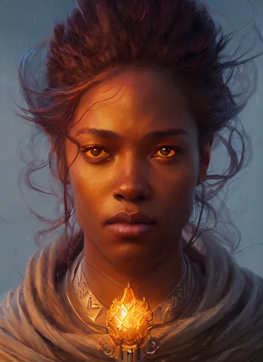 Image similar to highly detailed portrait of protagonist from elden ring, brown skin, adventure game, d & d, fantasy art by greg rutkowski, stanley artgerm, loish, rhads, tom bagshaw, global illumination, radiant light, detailed and intricate environment