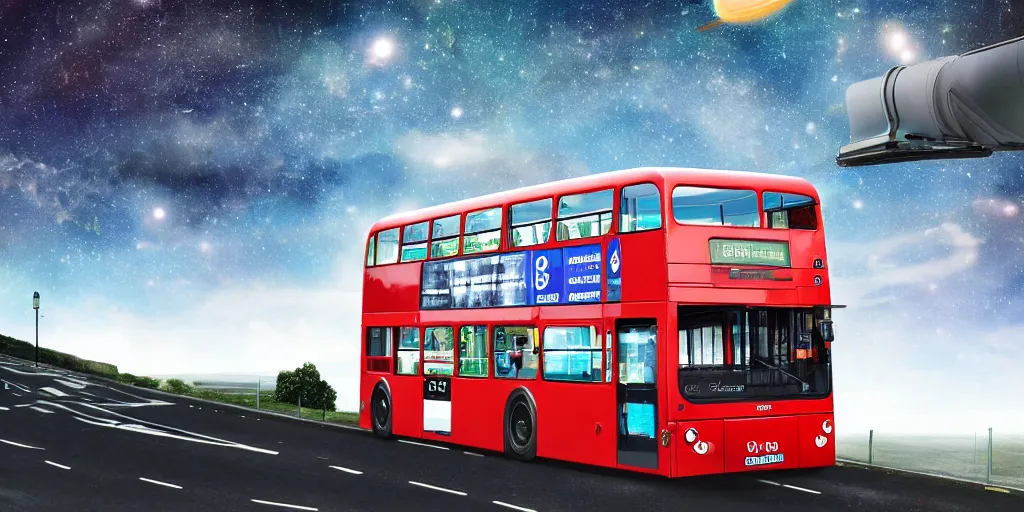 Image similar to a double decker london bus, flying through outer space, gbp is flying out the windows, ultra realistic, concept art 4k