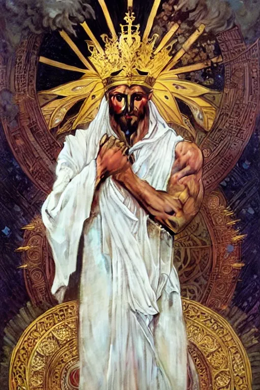 Image similar to a god wearing white clothes and golden crown, muscular, flowers, amazing, tarot art, painting by greg rutkowski and alphonse mucha