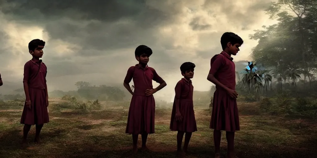 Image similar to kerala school boys wearing girls dresses posing for a photo, daylight, an epic fantasy, dramatic lighting, cinematic, establishing shot, extremely high detail, photorealistic, cinematic lighting, artstation, matte painting by christopher nolan, horizon forbidden west