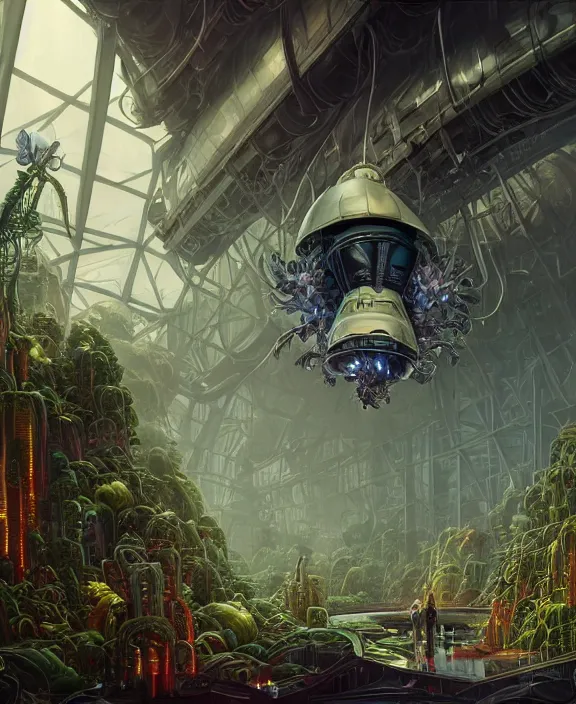 Image similar to a giant solid industrial plant made out of isopod wasp octopus, in the style of a strange exotic spaceship, overgrown with disturbing orchids, godbeams, partly cloudy, somber, dramatic lighting, by dan mumford, yusuke murata, makoto shinkai, ross tran, cinematic, unreal engine, cel shaded, featured on artstation, pixiv