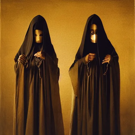 Image similar to a portrait of a twin nuns wearing a long dark cloak, hood and shadows covering face, holding golden chains, oil painting, matte painting, black background, Volumetric Golden dappled dynamic lighting, Highly Detailed, Cinematic Lighting, Unreal Engine, 8k, HD, by Beksinski