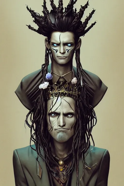 Prompt: vaporwave!, an elegant sophisticated gothic king with long wild dreads, straight on, by artgerm, jamie hewlett, tom bagshaw, gerald brom, 4 k, smooth, hd, substance designer render, full body character concept art, cel shading, toon shading,