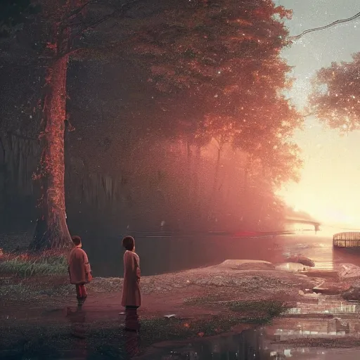 Image similar to Beautiful cinematic scene of a couple of two damaged and broken humanoid robots holding hands near a river, at night, peaceful, science fiction, award-winning, cinematic lighting, insanely detailed, very realistic, Artstation, Cgsociety, by Simon Stalenhag, directed by Denis Villeneuve, filmic