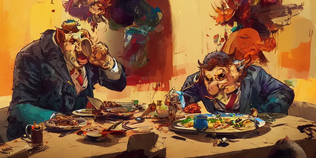 Image similar to cartoonish van morrison eating dinner, vivid colors, character sheet, fine details, concept design, contrast, kim jung gi, greg rutkowski, trending on artstation, 8 k, full body, turnaround, front view, back view, ultra wide angle