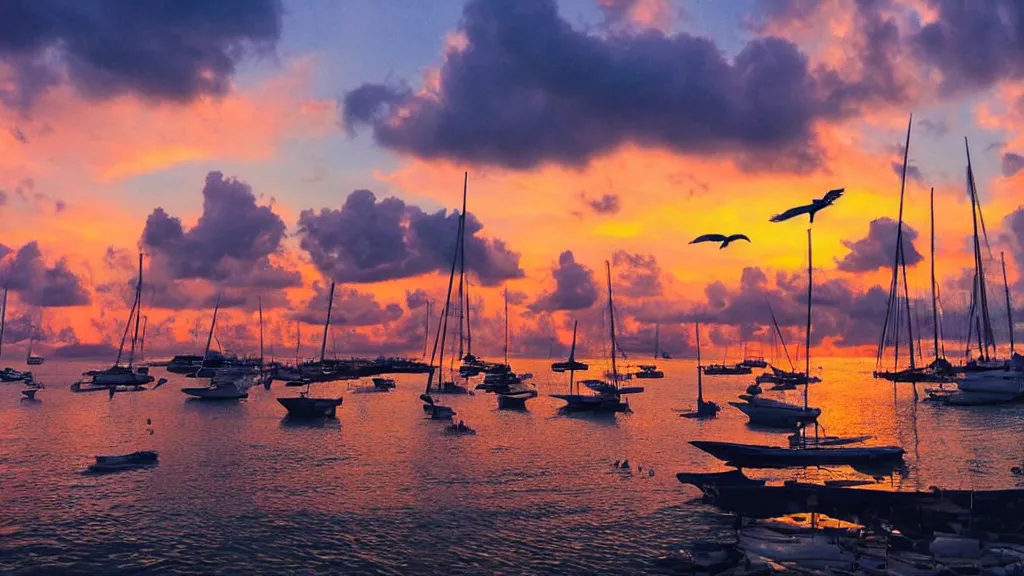 Image similar to sunset on caraibes, some boats, a few birds in the sky, sharp focus, photography 35 mm lens, paisible night lighting, incredible art photo shot